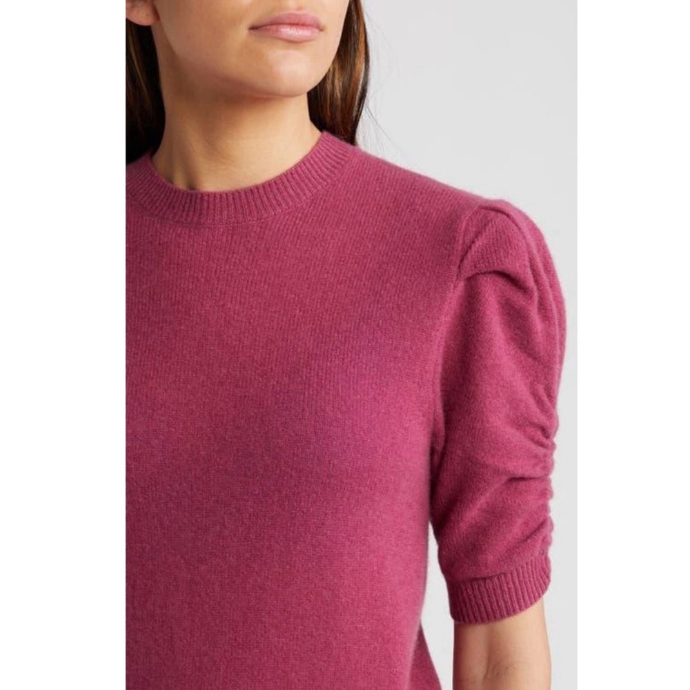 NWOT  FRAME Ruched Sleeve 100% Cashmere Sweater in Dragon Fruit - Picture 2 of 10